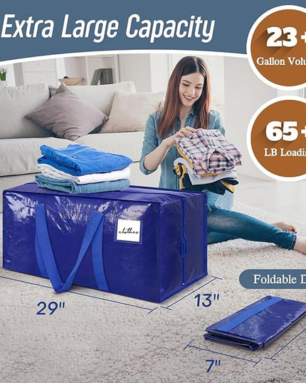 12 Pack Extra Heavy Duty Large Moving Bags with Strong Zipper & Comfortable Handles, Sturdy & Durable Clothes Storage Bags Totes Bins, Packing Moving Boxes for College Supplies, Blue