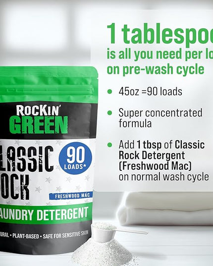 Rockin' Green Classic Rock Laundry Detergent (90 Loads), Plant based, All Natural Laundry Detergent Powder, Vegan and Biodegradable Odor Fighter, Safe for Sensitive Skin, 45 oz (Freshwood Mac)