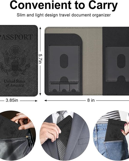 RSAquar Passport and Vaccine Card Holder Combo, Passport Holder Cover Wallet, Leather Card Case Travel Accessories with RFID Blocking for Women and Men, Y-Black
