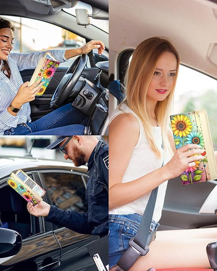 Car Registration and Insurance Holder with Magnetic Closure, Universal Document Organizer for License, Insurance Cards & Glove Box Storage (Sunflower-Colorful)