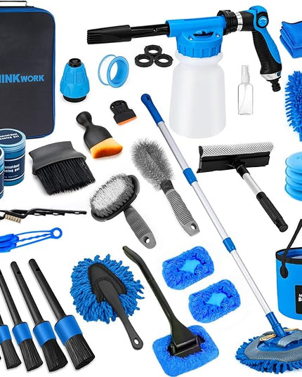 THINKWORK Car Wash Kit, Car Detailing Kit with Foam Gun, Car Wash Brush Mop and Large Folding Bucket Suitable for Car Cleaning, Blue Car Wash Set Gift for Men and Women