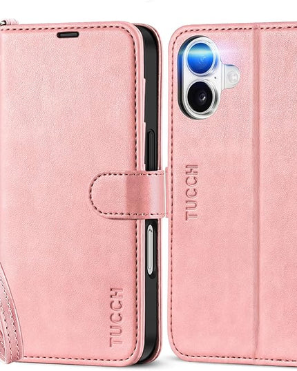 TUCCH Wallet Case for iPhone 16 5G, [Wrist Strap] Kickstand RFID Blocking 4 Card Slots Magnetic Closure, PU Leather Shockproof TPU Shell Compatible with iPhone 16 2024, Rose Gold with Wristlet