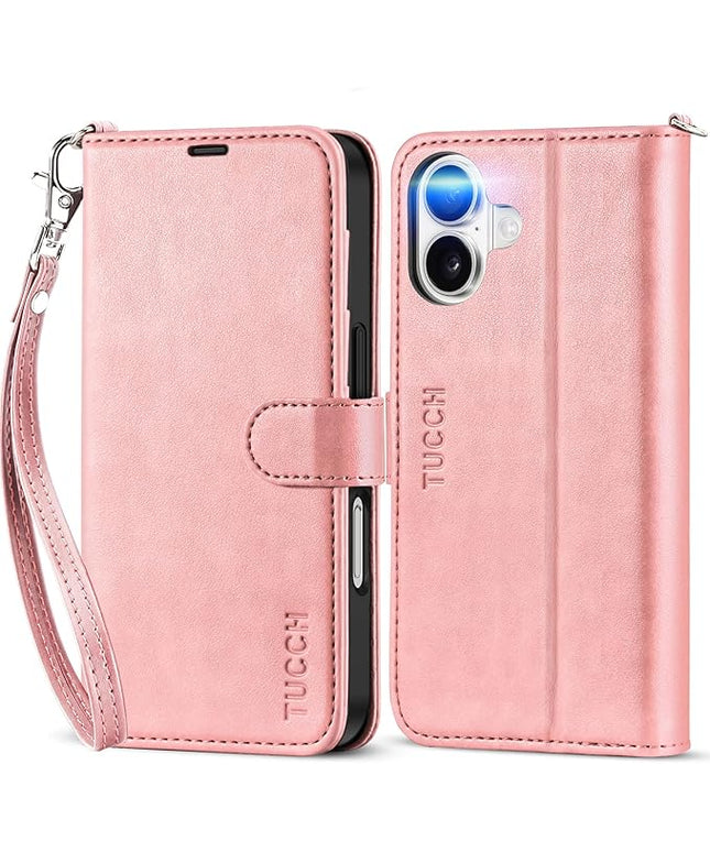 TUCCH Wallet Case for iPhone 16 5G, [Wrist Strap] Kickstand RFID Blocking 4 Card Slots Magnetic Closure, PU Leather Shockproof TPU Shell Compatible with iPhone 16 2024, Rose Gold with Wristlet