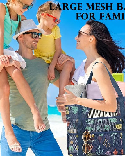 Mesh Beach Bag, Large Beach Tote with Zipper Pocket, Toys Pool Bag for Family Travel Vacation Cruise Essentials