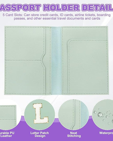 PATIKIL Passport Holder for Travel, Initial Passport Cover and Luggage Tag Set with Alphabet Chenille Letter Patch Travel Wallet Bag Suitcase Identifier for Women Family Travel Green L