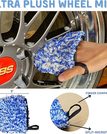 7PCS Car Wheel Rims Detail Cleaning PRO Wash Kit, Wheel Wash Mitt, Tire Brush, 2PCS Soft Woolies Wheels Brush, Detailing Brush, and Tire Dressing Pads, Microfiber Dry Towel Scratch-Free Cleaning