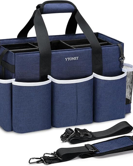 Ytonet Wearable Cleaning Caddy Bag, Large Cleaning Supplies Organizer with 4 Foldable Dividers, Kitchen Caddy Organizer with Handle & Adjustable Shoulder Straps for Cleaners & Housekeeper, Blue