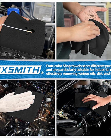 FIXSMITH Microfiber Cleaning Cloth, Shop Towels Bulk, 24 Pack Black Microfiber Towels for Cars, All-Purpose Absorbent Cleaning Rags, Dust Cloth for Automotive, Mechanic, Garage, Bar, 12 x 11 inch