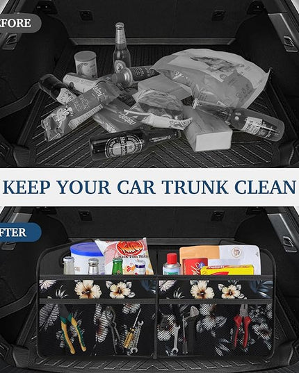 Femuar Car Trunk Organizer, Car Storage Organizer with Large Capacity Waterproof Collapsible Trunk Organizer for Car Suv/Jeep/Sedan (Hibiscus flowers, Standard)