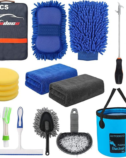 AUTODECO 22Pcs Car Wash Cleaning Tools Kit Car Detailing Set with Blue Canvas Bag Collapsible Bucket Wash Mitt Sponge Towels Tire Brush Window Scraper Duster Complete Interior Car Care Kit