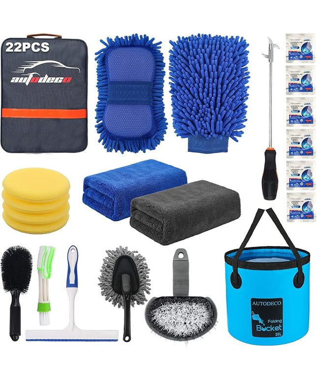 AUTODECO 22Pcs Car Wash Cleaning Tools Kit Car Detailing Set with Blue Canvas Bag Collapsible Bucket Wash Mitt Sponge Towels Tire Brush Window Scraper Duster Complete Interior Car Care Kit