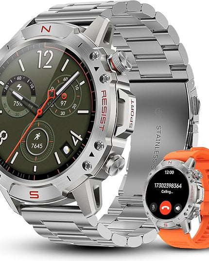 WalkerFit Smart Watch for Men, 1.43" Round AMOLED, 5ATM Waterproof for Swim, Heart Rate & Sleep Monitor, Long Battery, Outdoor Activity Tracker, Voice Control&Bluetooth Call, for iPhone Android,Silver