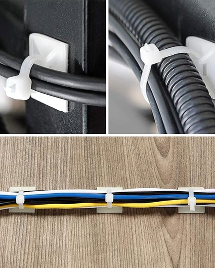 Strong Back-Glue Self Adhesive Cable Zip Tie Mounts Kit - 50 Set Cable Management Clips with 6" Zip Ties, Wire Holders - Outdoor Sticky Wire Organizer Clips-White