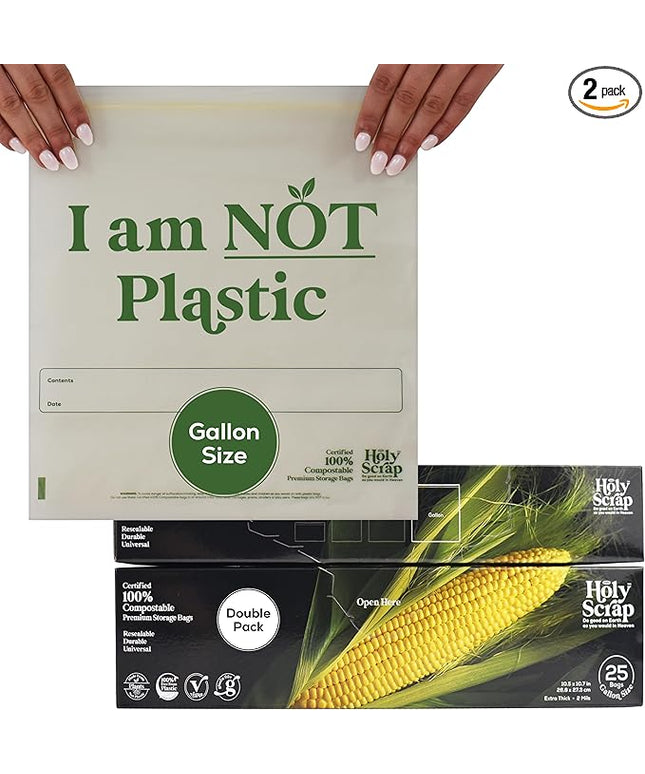 100% Compostable Food Storage Bags 1 GALLON Size - 50 Pack - Resealable Extra Strength Zip Seal Bags Made from Plants, Eco Friendly, Freezer Safe - BPI Certified, OK Compost Home