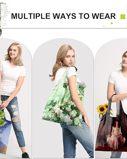 BeeGreen Oil Painting Flower Tote Bag - Large Reusable Grocery Bag, Polyester Grocery Bags Gifts for Women,Foldable, Washable, Packable with Handles & Pouch for Shopping, Beach, Work, Summer