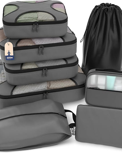 Shacke Premium 8 Packing Cubes Set - Lightweight Mesh Travel Luggage Organizers with Laundry Bag, 8-Piece Suitcase Storage System (Dark Grey)