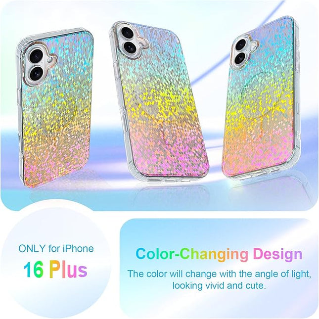 Glitter Case for iPhone 16 Plus Case for Women Girls [ Compatible with Magsafe ] Clear Cute Girly Aesthetic Colorful Iridescent Rainbow Sparkly Sparkle Bling Magnetic Protective Phone Cover