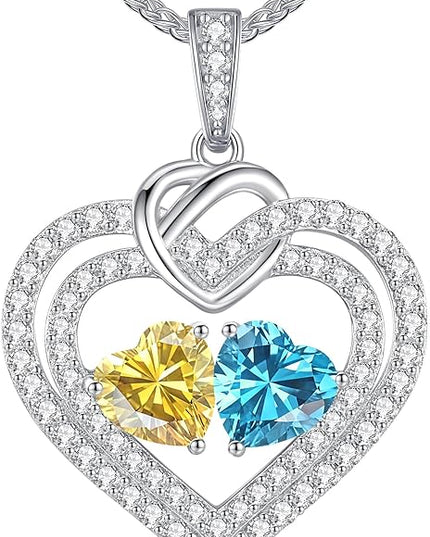 LOUISA SECRET Sparkling Double Heart Birthstone Necklaces for Women, 925 Sterling Silver Fine Jewelry, Pendant Heart Necklaces Birthday Anniversary Christmas Gift for Women Wife Mom Girlfriend Lady
