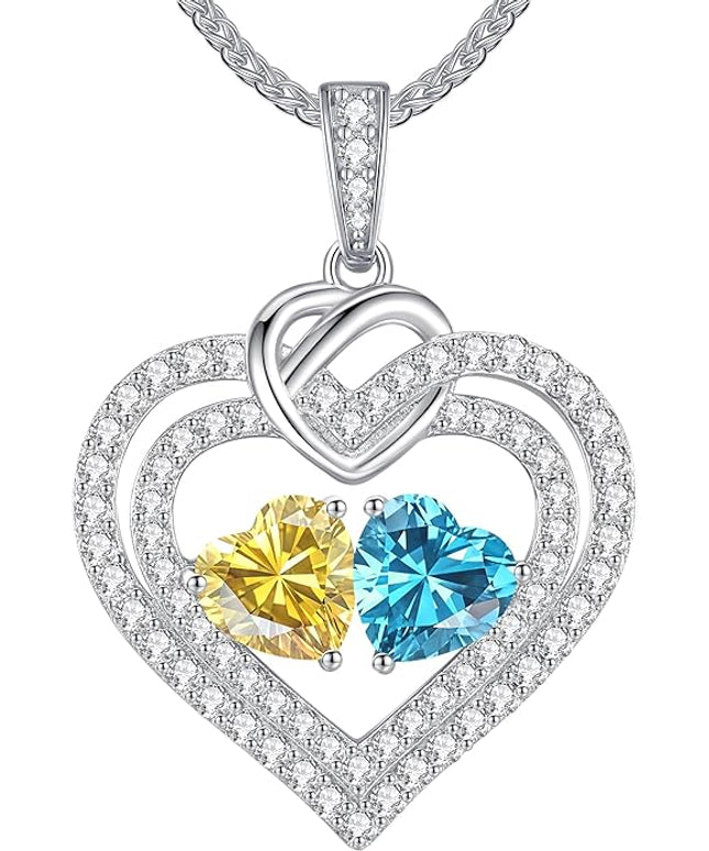 LOUISA SECRET Sparkling Double Heart Birthstone Necklaces for Women, 925 Sterling Silver Fine Jewelry, Pendant Heart Necklaces Birthday Anniversary Christmas Gift for Women Wife Mom Girlfriend Lady