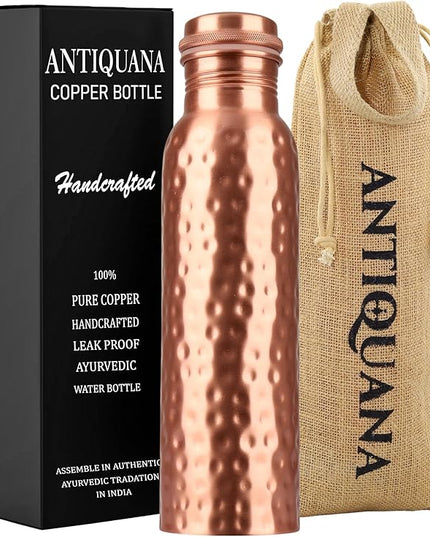 34 Oz Pure Copper Water Bottle Set – Leak-Proof Hammered Design with Tumbler, Carrying Bag & Smooth Finish Decorative – Copper Home Decore