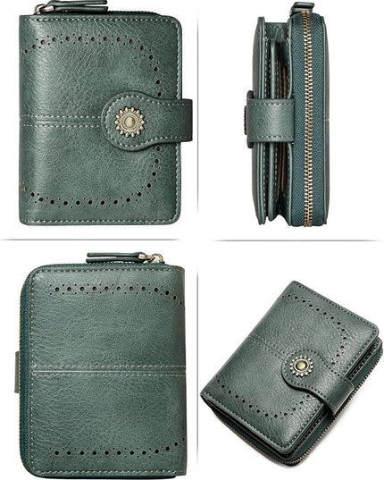 TFKGS Small Womens Wallet Leather RFID Blocking Bifold Compact Card Holder Ladies Zipper Accordion Pocket with ID Window Green
