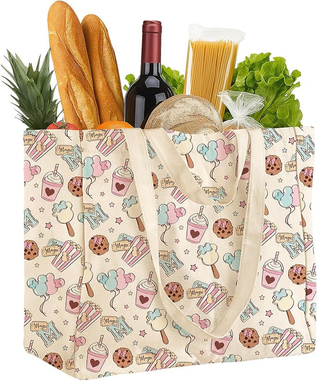 Large Canvas Grocery Tote Bag - Reusable Extra Large Shopping Shoulder Bags with 6 Inner Pockets & 2 Handle Strap