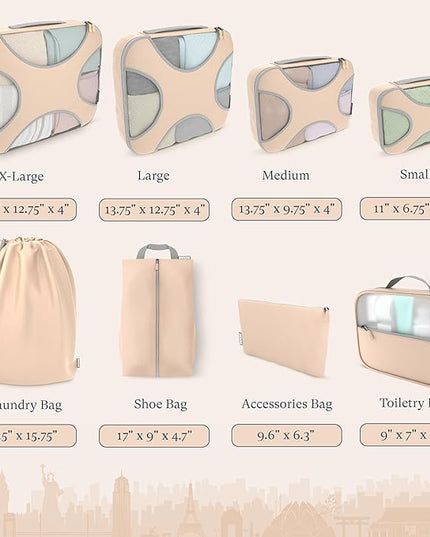 Shacke Premium 8 Packing Cubes Set - Lightweight Mesh Travel Luggage Organizers with Laundry Bag, 8-Piece Suitcase Storage System (Nude Biege)
