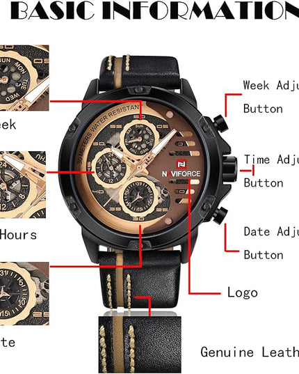 NAVIFORCE Sport Military Watches for Men Waterproof Watch Analog Quartz Leather Band Date Calendar Clock Wristwatch