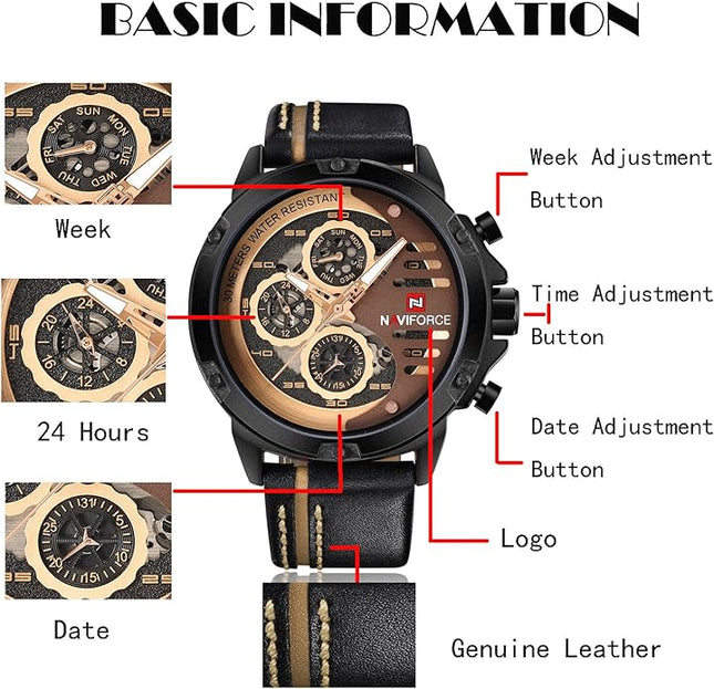 NAVIFORCE Sport Military Watches for Men Waterproof Watch Analog Quartz Leather Band Date Calendar Clock Wristwatch