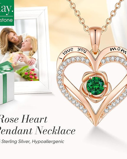 CDE Christmas Gifts for Women S925 Silver Rose Gold Heart Birthstone Necklaces for Women，Ideal Anniversary or Birthday Jewelry Gifts for Wife Girlfriend Her