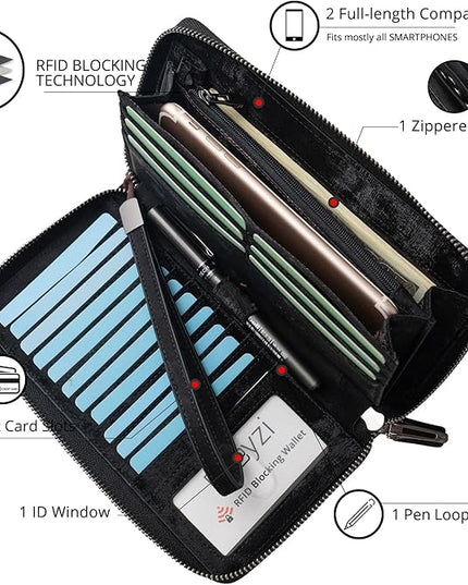 Bveyzi Women RFID Blocking Wallet Leather Zip Around Phone Clutch Large Capacity Ladies Travel Purse Wristlet | RFID Blocking, Zip Around, Large Capacity