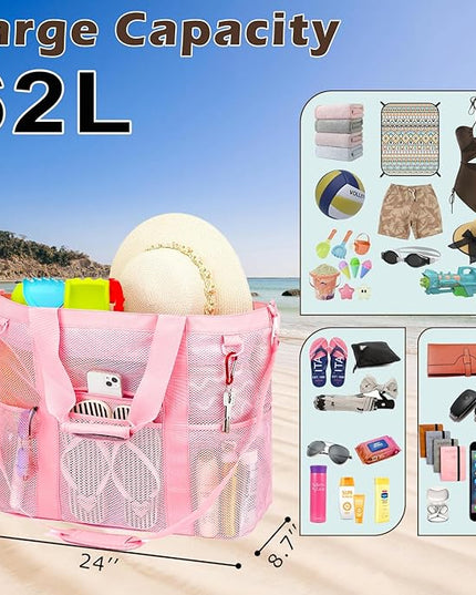 Mesh Beach Bag, Large Beach Tote with Zipper Pocket, Toys Pool Bag for Family Travel Vacation Cruise Essentials
