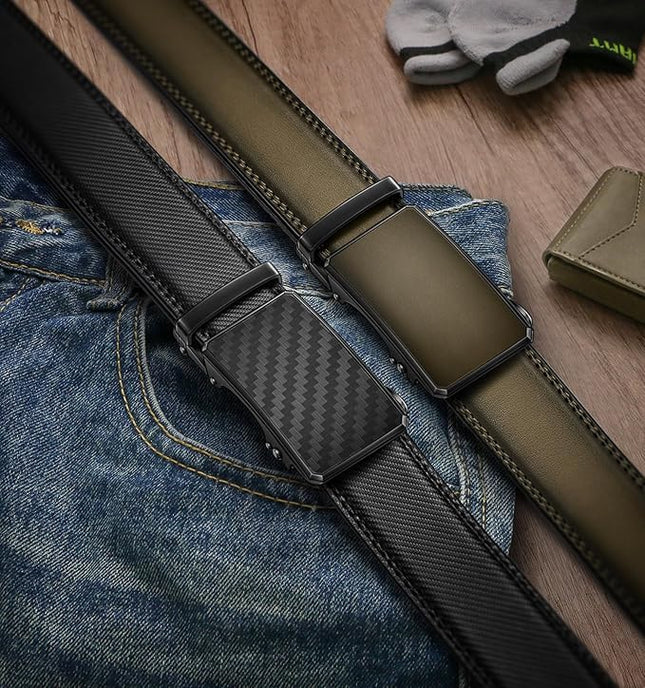 KEMISANT Men Belt 2 Pack, Leather Ratchet Belt Easy Click Slide For Men 1 3/8",Cut for Fit