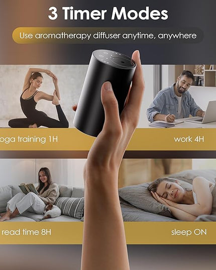 Waterless Essential Oil Diffuser, Portable Aromatherapy Diffuser, Mini Scent Machine, Battery Operated, 1/4/8-Hour Timer, 20ml Capacity, 3 Mist Levels for Home, Car, Room Office,No included oil(Black)