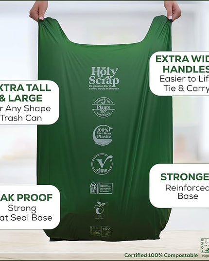 Extra Large Compostable Trash Bags - 13 Gallon, 30 Pack | Plastic-Free & Decomposing Tall Kitchen Garbage Bags & Liners with Easy-Tie Handles | Thick Bin Bags for Green & Food Waste