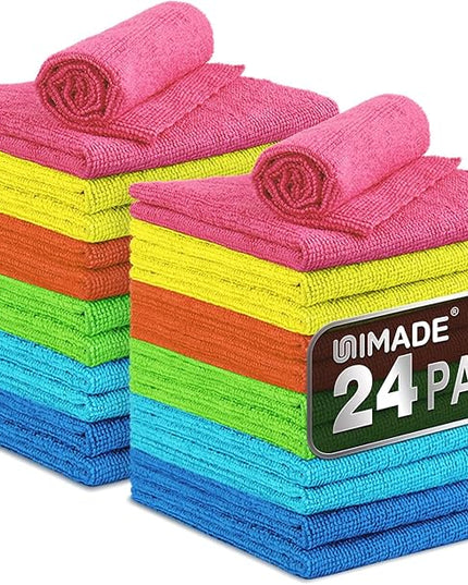 Microfiber Cleaning Cloth, 24 Pack Reusable Microfiber Towels for Cars Lint Free Cleaning Shop Towel Rags for Home Kitchen Automotive Bar Mechanic Restaurant Garage, 11"x 12", Multicolor