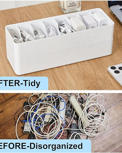 Tatuo 2 Pcs Cable Organizer with 20 Wire Ties, Plastic Cord Storage Charger Electronics Box with Adjustment Compartments for Drawer Home Office Desk Accessories (White)