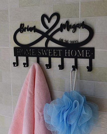 EXUNART Metal Key Holder for Wall, 5 Hooks, Art Deco, Personalized, Waterproof, Rust Resistant, Max 33 pounds, Decorative Home Decor, Wedding Gift