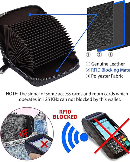 Linno RFID 20 Slots Credit Card Holder Genuine Leather Small Wallet for Women or Men with Zipper