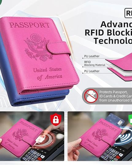2 Pack Passport Holder for Travel with Luggage Tag Cover – RFID Blocking Passport Wallet Holder for Women & Men | PU Leather Passport Case with Money Pocket & Magnetic Clasp, Blue & Pink
