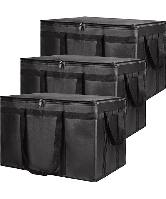 CIVJET Insulated Food Delivery Bag, XXXL Insulated Reusable Grocery Cooler/Hot Bags, Tote Bag for Shopping/Travel, Catering Bag 22x14x13, Black, 3-Pack
