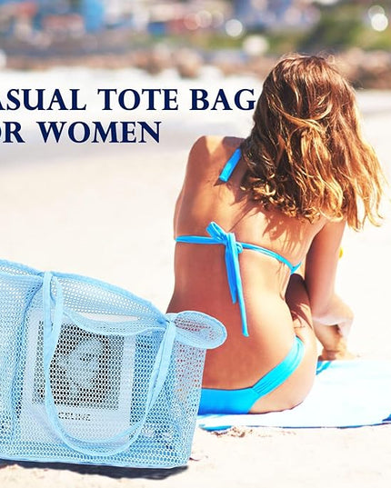 Mesh Beach Bag, Large Beach Tote with Zipper Pocket, Toys Pool Bag for Family Travel Vacation Cruise Essentials