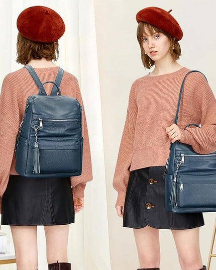 ALTOSY Genuine Leather Backpack Purse for Women Convertible Shoulder bag Soft Crossdody Bag with Laptop Compartment Large (S108 Indigo Blue)