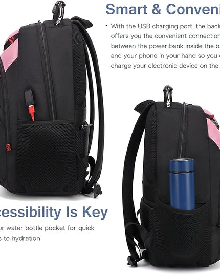 Boavan Laptop Backpack for men, 15.6 inch Laptop Bag with USB Port, Waterproof Travel Work Backpack Purse, Anti-Theft Teacher Nurse Doctor Casual Bookbags Office Business backpack，PinkBlack