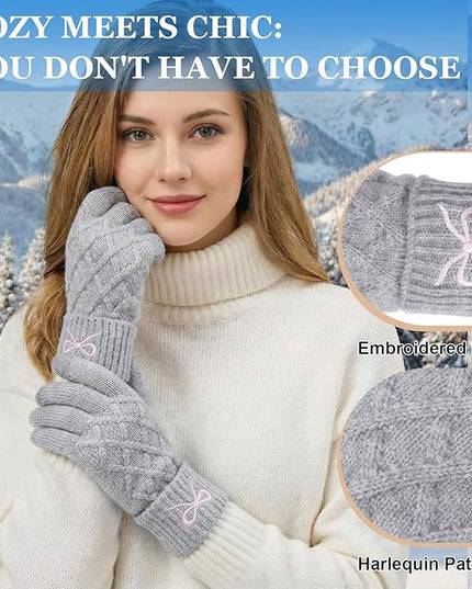Liitrsh Women Winter Gloves with Embroidery Bow Touchscreen Warm Elastic Knit Lining Gloves for Cold Weather Gift
