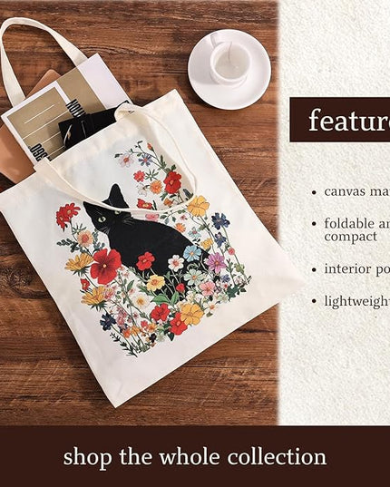 Women's Canvas Tote Bag - Black Cat Print Canvas Tote with Inner Pocket, Large Shoulder Bag for Gym,College,Library,Shopping
