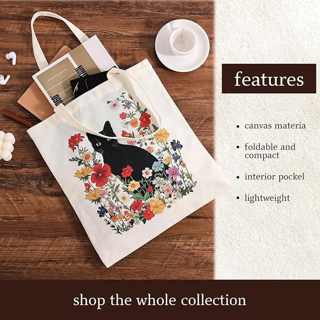 Women's Canvas Tote Bag - Black Cat Print Canvas Tote with Inner Pocket, Large Shoulder Bag for Gym,College,Library,Shopping
