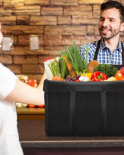 WISELIFE Reusable Grocery Shopping Bags 10 Pack Large Foldable Tote Bags Bulk, with Long Handle for Shopping Groceries Clothes (Black)