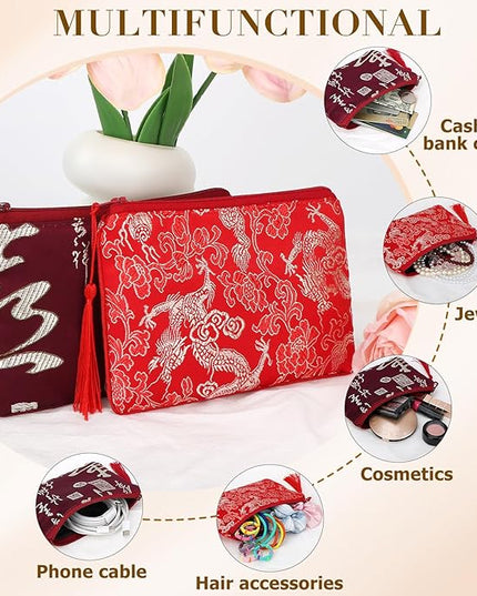 kilofly 2 pc Chinese Silk Brocade Padded Tassel Zipper Jewelry Bag Gift Pouch
