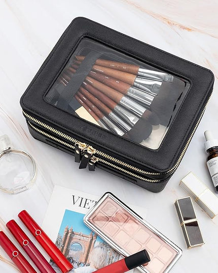 Aveniee XL Clear Makeup Organizer,Double Layer Travel Cosmetic Case with Brush Holder & Zippered Compartments,Big Toiletry Bag for Travel Accessories,2 Layers Large,Black